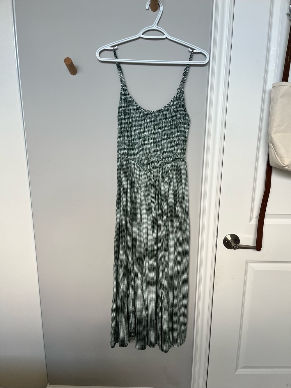 Smocked Gingham Midi Dress in Green